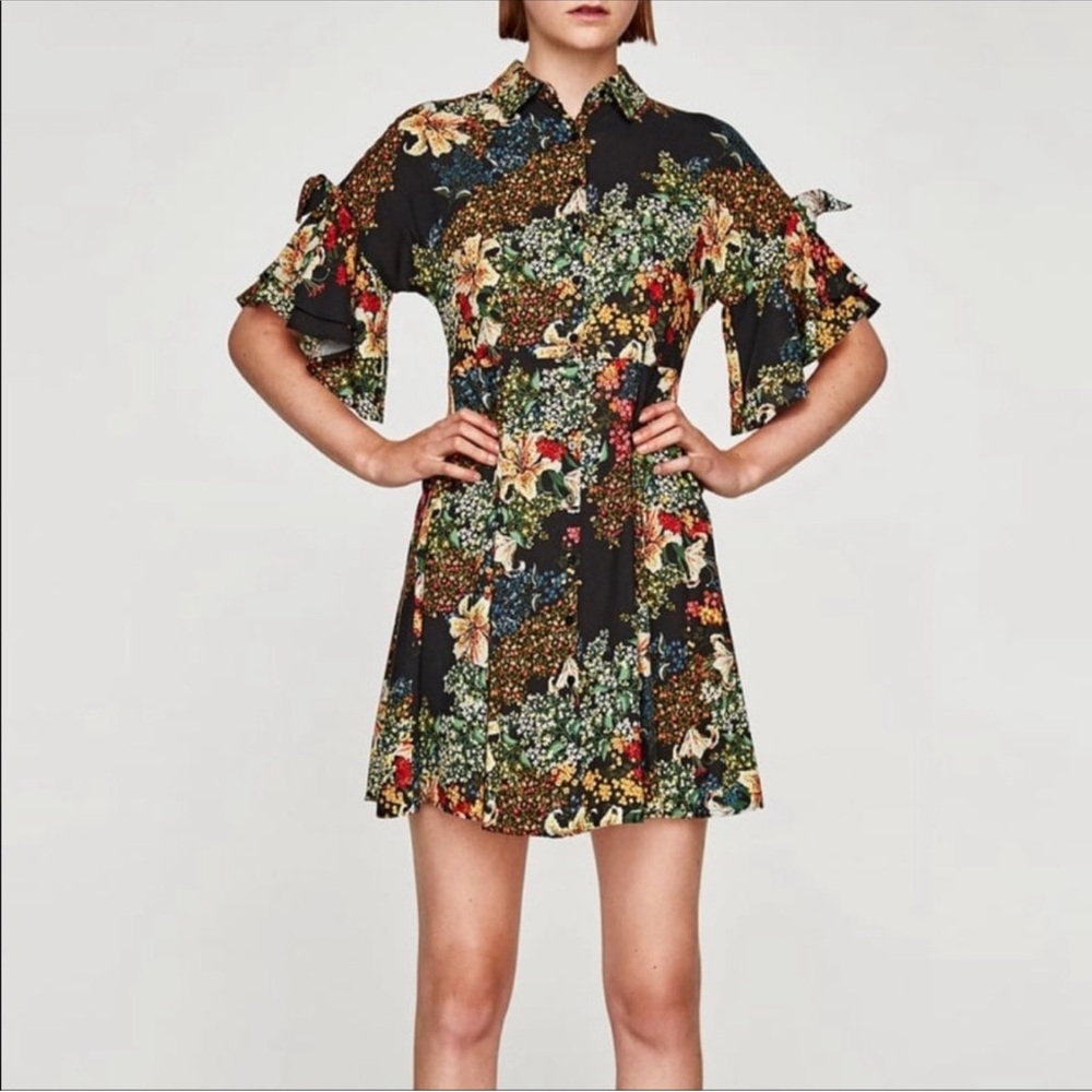 Zara Basic Tropical Print Button Down Mini Dress … - image 1